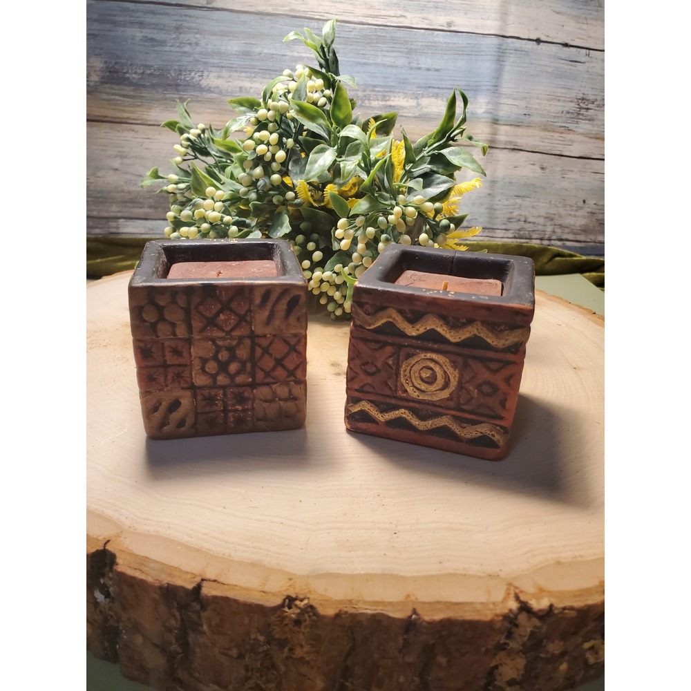 Set of 2 Rustic African Rythm Square Candle Holders Terracotta Black/Gold Accent